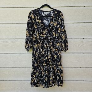 Max Studio black floral long sleeve tiered v-neck dress XL